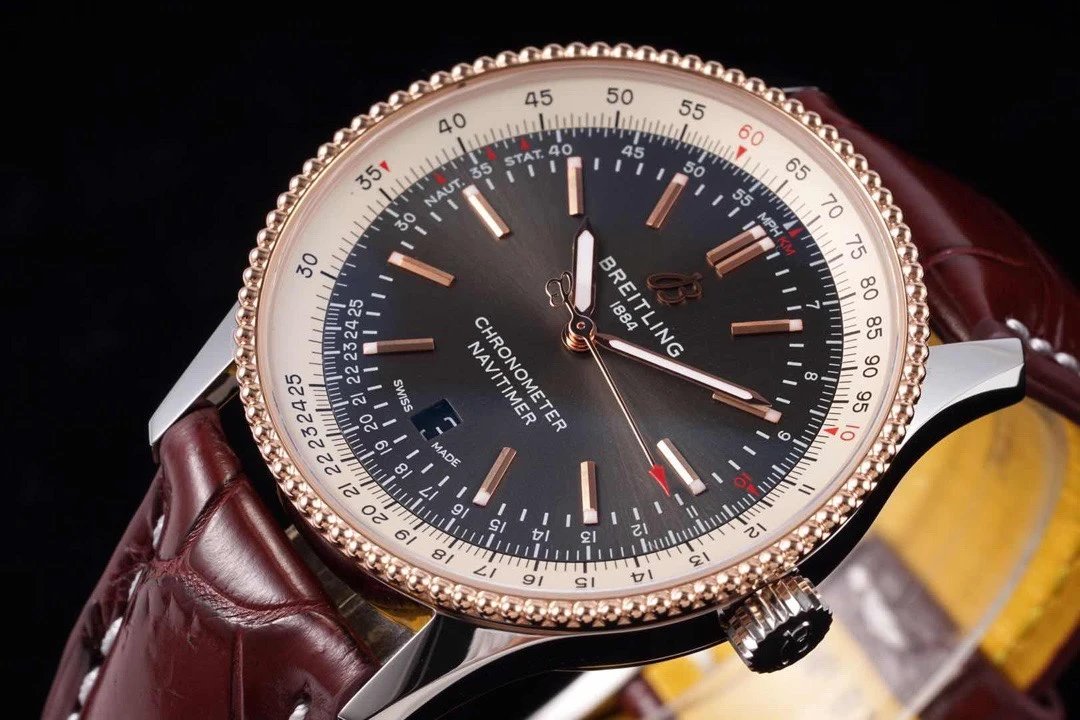TF廠百年靈航空計時繫列41mm男士皮帶機械腕錶 玫瑰金黑面