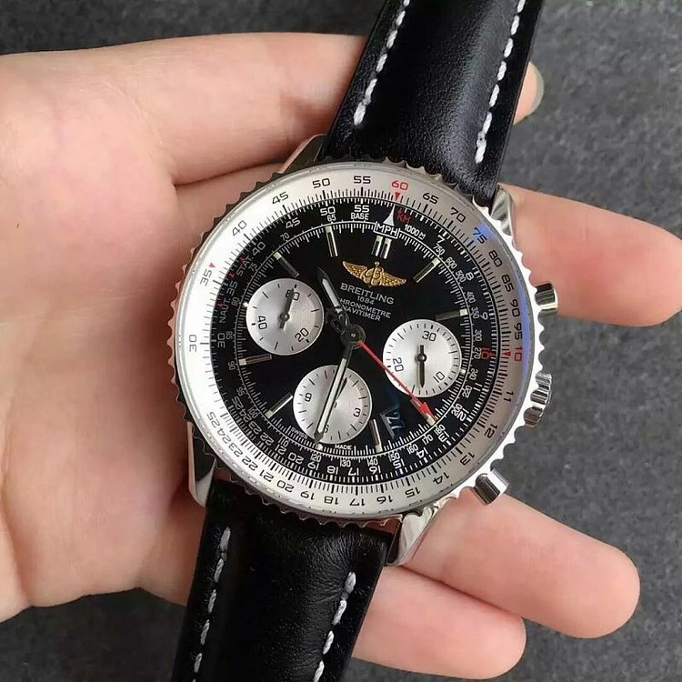 JF廠百年靈航空計時01繫列黑面皮帶男士計時機械腕錶43mm
