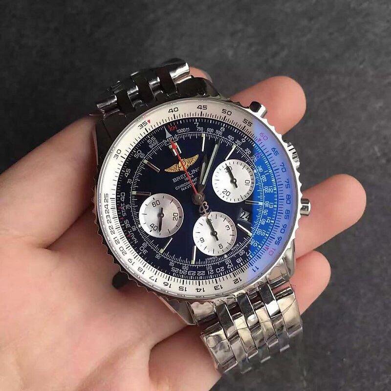JF廠百年靈航空計時01繫列黑面皮帶男士計時機械腕錶43mm
