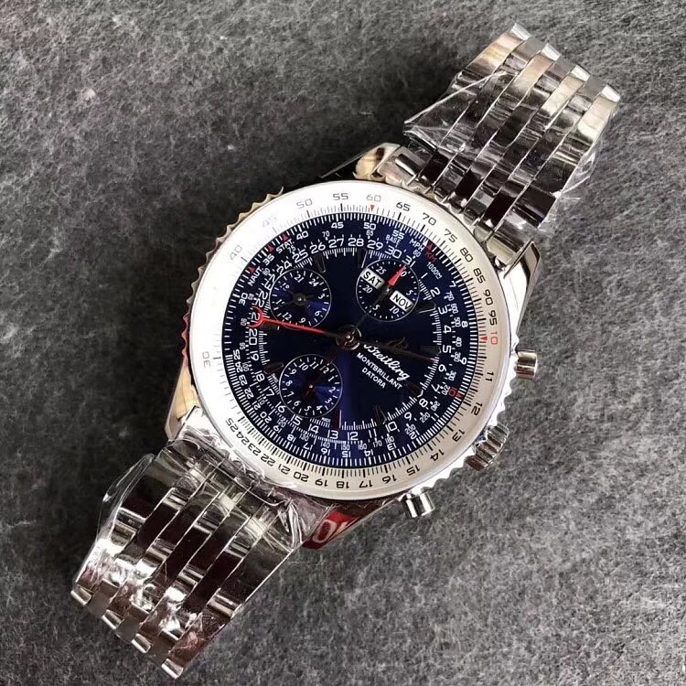 JF廠百年靈航空計時繫列鋼帶男士計時機械腕錶46mm 藍面